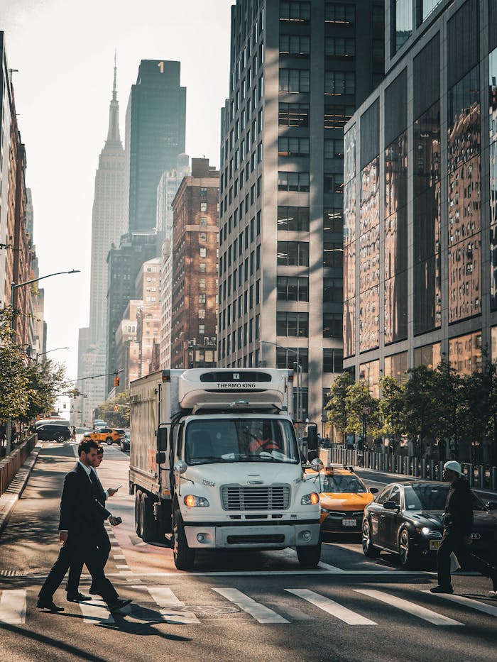 Urban scene in New York City with people crossing and skyscrapers towering.